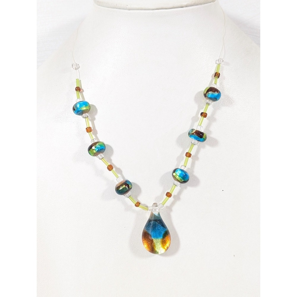 Blue Green Dichroic Glass Teardrop Necklace‎ Coastal Boho Delicate 18"